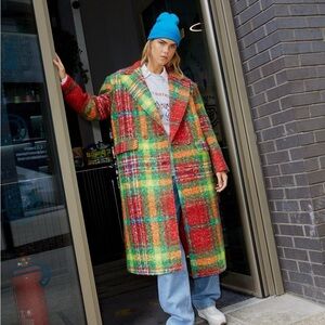 Bright Check Print Wool Blend Duster Coat
